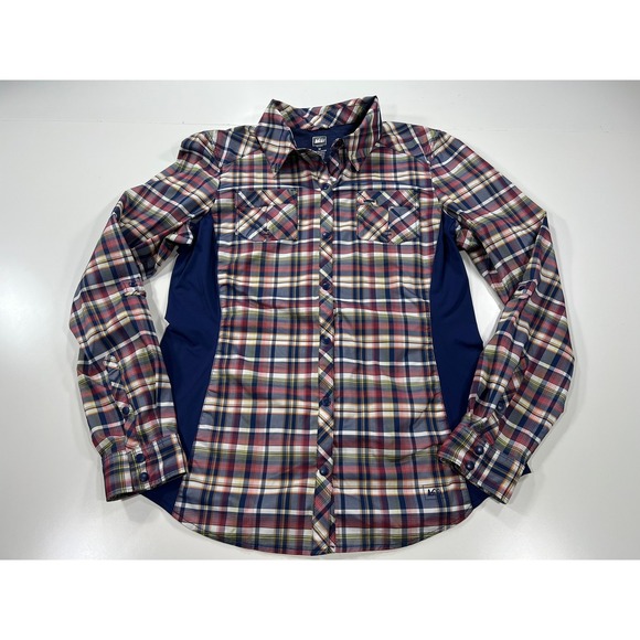 REI Co-op Women's Medium Blue Plaid Button Up Vented Hiking Shirt Roll Tab L/S - Picture 2 of 11